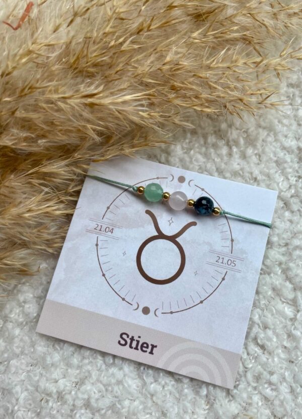 Geboortesteen armbandje Stier op kaartje met naam en sterrenbeeld