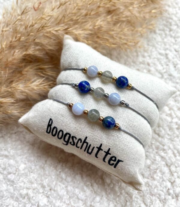 Overzicht van Boogschutter geboortesteen armbandjes in drie kleuren: goud, zilver en rosegoud