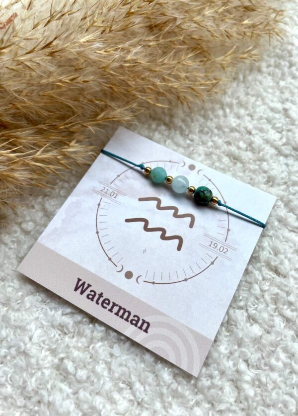 Geboortesteen armbandje Waterman op kaartje met naam en sterrenbeeld